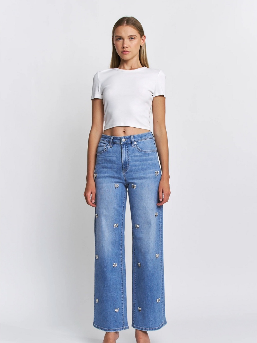 Embellished Crystal Bows Light Blue Wide-Leg Jeans - Altard State - 28